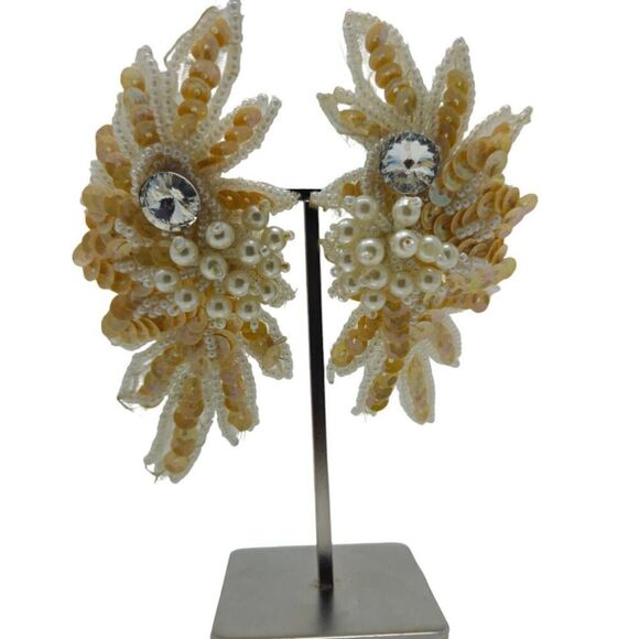 Vintage Gold Sequin and Pearl Clip-On Earrings | 3.50" | Circa 1980s-1990s - Picture 1 of 14